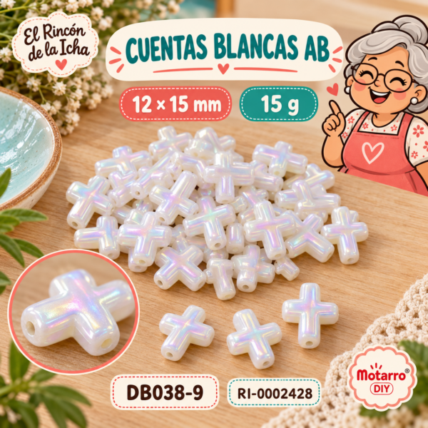 ri-0002428-db038-9 Cuentas blancas AB de cruz – 12 × 15 mm – 15 g