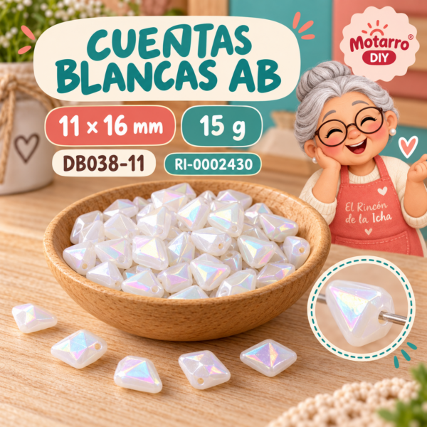 Cuentas blancas AB de rombo – 11 × 16 mm – 15 g