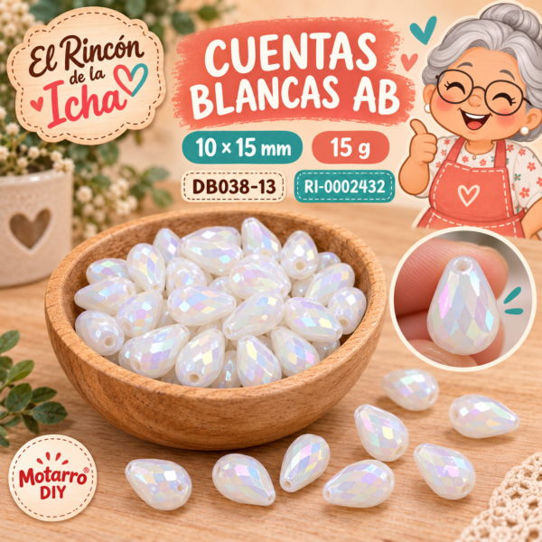 ri-0002432-db038-13 Cuentas blancas AB de gota corta facetada – 10 × 15 mm – 15 g