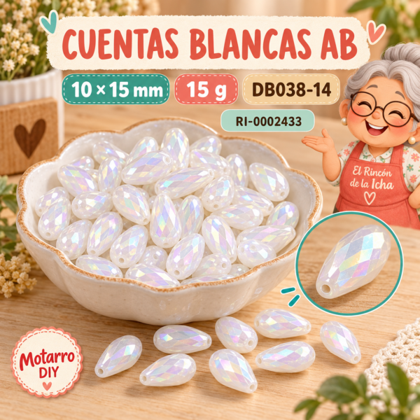 Cuentas blancas AB de gota larga facetada – 10 × 15 mm – 15 g