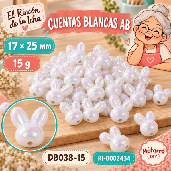 ri-0002434-db038-15 Cuentas blancas AB de cabeza de conejo – 17 × 25 mm – 15 g