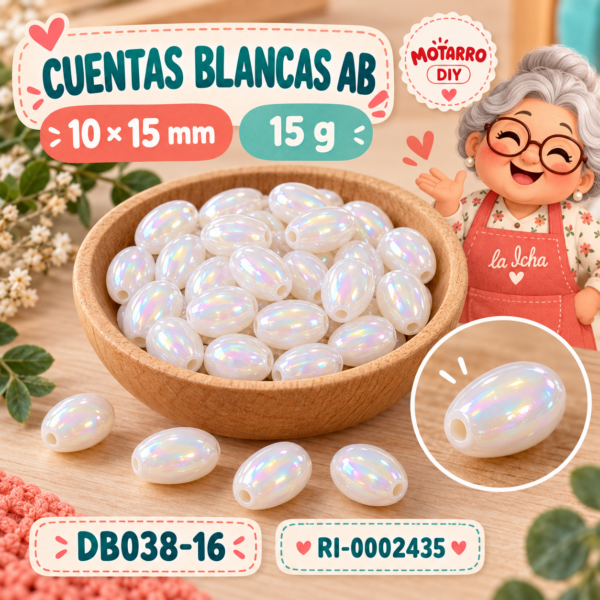 ri-0002435-db038-16 Cuentas blancas AB ovoides – 10 × 15 mm – 15 g
