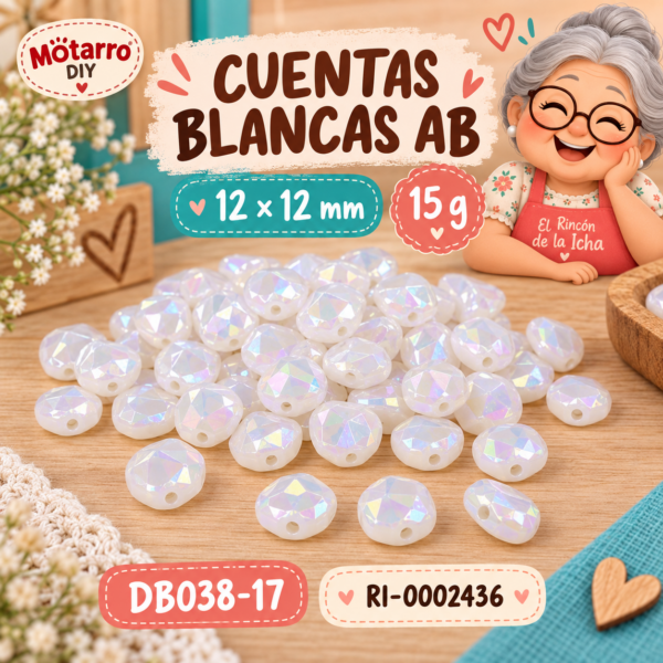 ri-0002436-db038-17 Cuentas blancas AB planas facetadas – 12 × 12 mm – 15 g