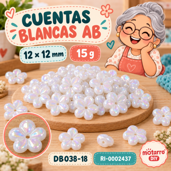 Cuentas blancas AB de flor – 12 × 12 mm – 15 g