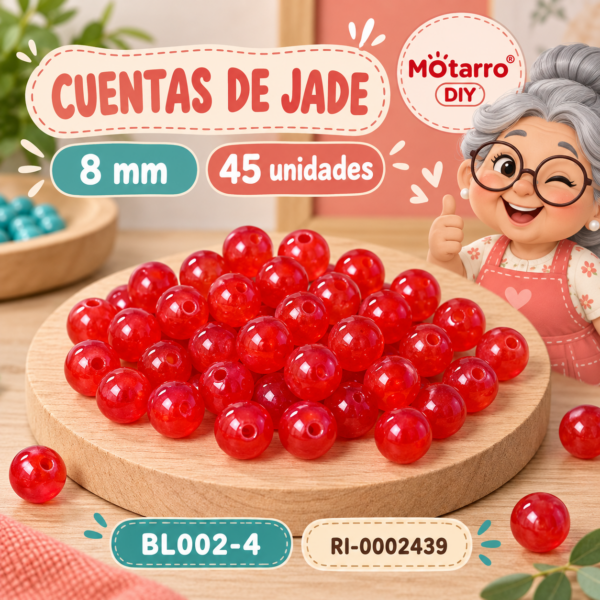 Cuentas de jade rojo intenso – 8 mm – 45 unidades