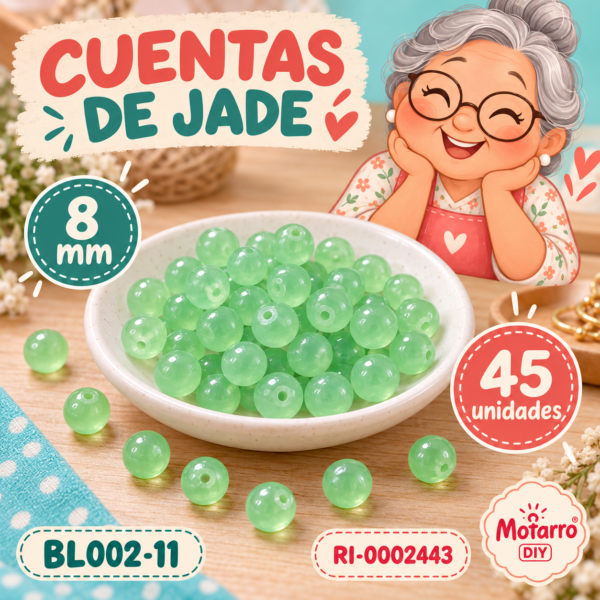 Cuentas de jade verde manzana – 8 mm – 45 unidades