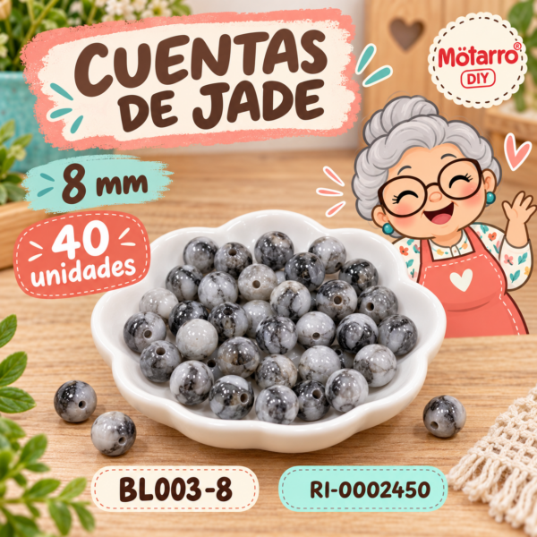 Cuentas de jade marmoleadas negras y blancas – 8 mm – 40 unidades