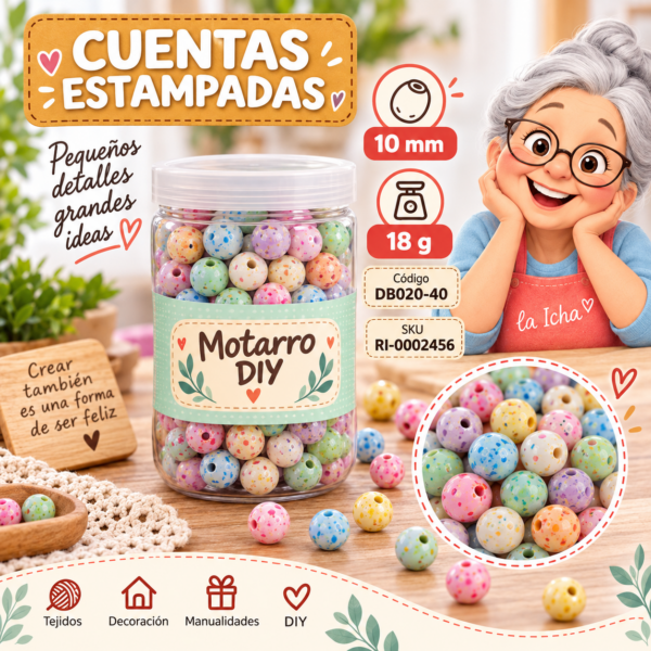 ri-0002456-db020-40 Cuentas redondas moteadas multicolor pastel – 10 mm – 18 g
