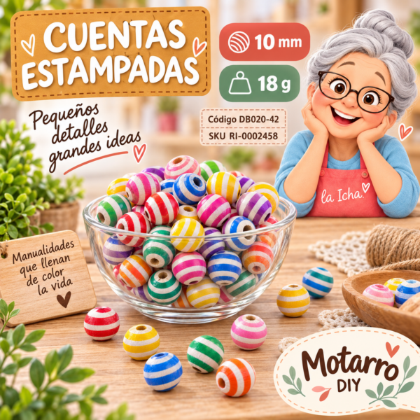 Cuentas redondas con motivos de rayas multicolor – 10 mm – 18 g