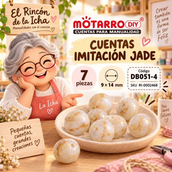 ri-0002468-db051-4 Cuentas redondas grandes imitación jade beige – 7 piezas – 9 × 14 mm