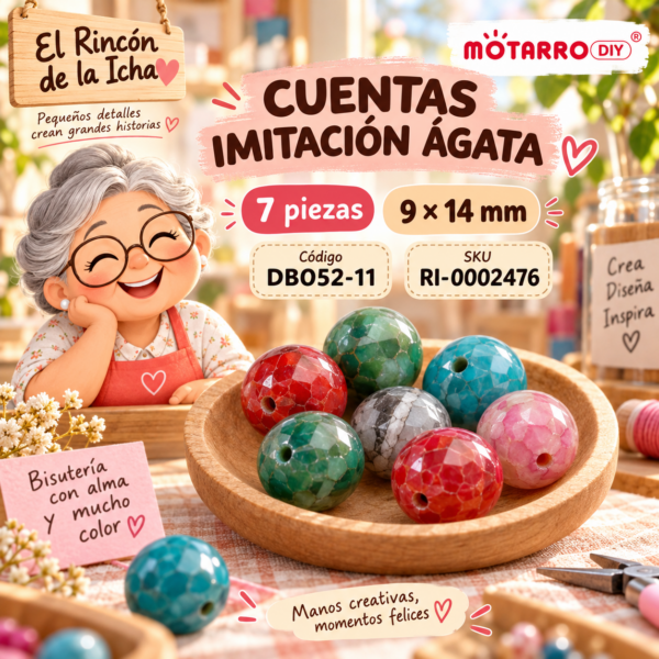 ri-0002476-db052-11 Cuentas redondas imitación ágata multicolor intensa – 7 piezas – 9 × 14 mm