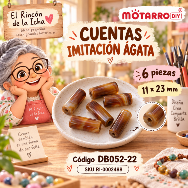 Cuentas tubulares imitación ágata café – 6 piezas – 11 × 23 mm