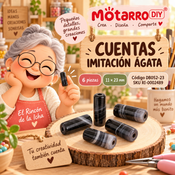 Cuentas tubulares imitación ágata negra – 6 piezas – 11 × 23 mm