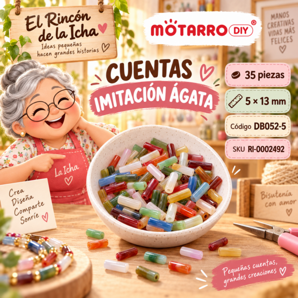 Cuentas tubulares finas imitación ágata multicolor – 35 piezas – 5 × 13 mm