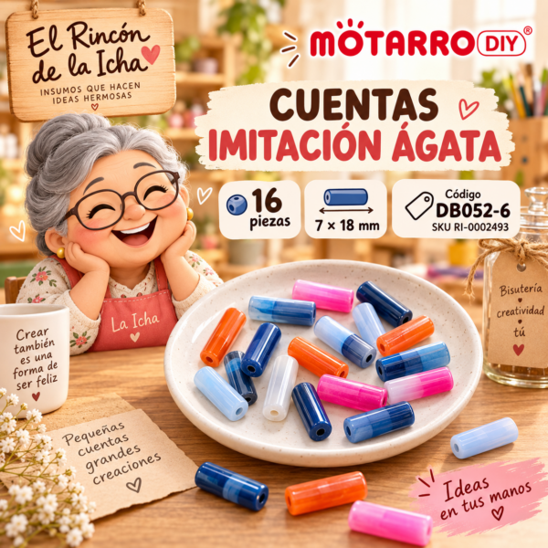 Cuentas tubulares imitación ágata multicolor – 16 piezas – 7 × 18 mm