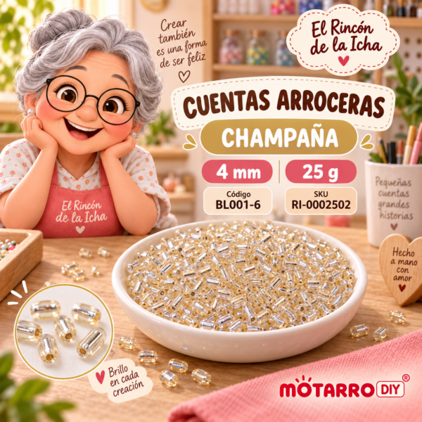 ri-0002502-bl001-6 Cuentas arroceras con interior plateado color champaña – 4 mm – 25 g
