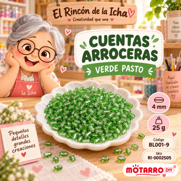 ri-0002505-bl001-9 Cuentas arroceras con interior plateado color verde pasto – 4 mm – 25 g