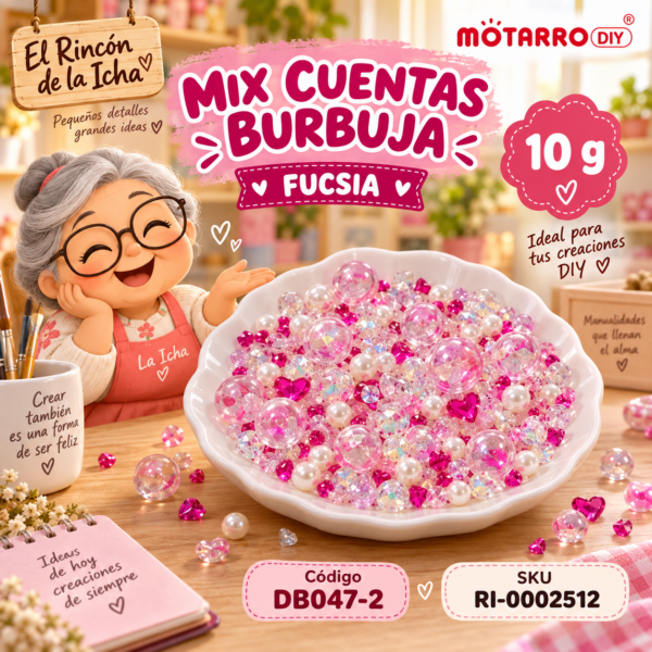 Mix de cuentas burbuja, perlas y diamantes fucsia – 10 g