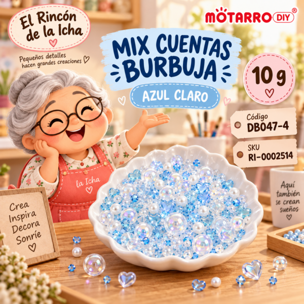 ri-0002514-db047-4 Mix de cuentas burbuja, perlas y diamantes azul claro – 10 g