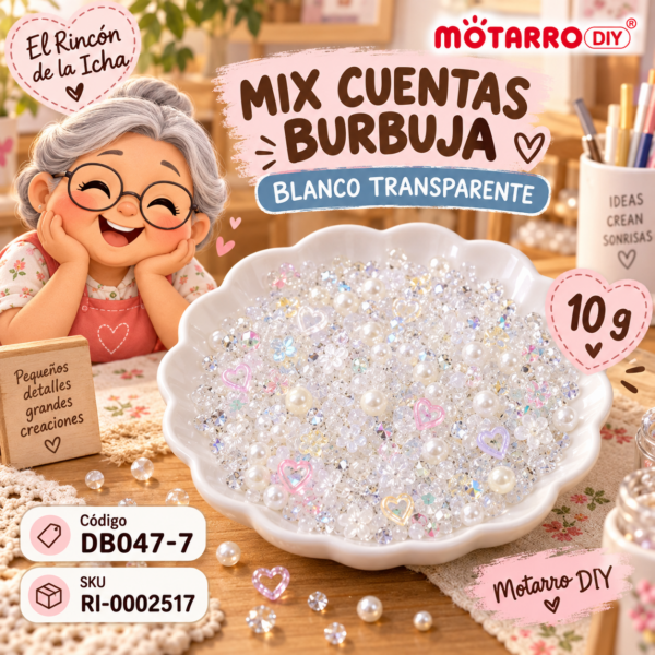 ri-0002517-db047-7 Mix de cuentas burbuja, perlas y diamantes blanco transparente – 10 g