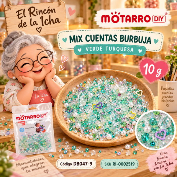 ri-0002519-db047-9 Mix de cuentas burbuja, perlas y diamantes verde turquesa – 10 g
