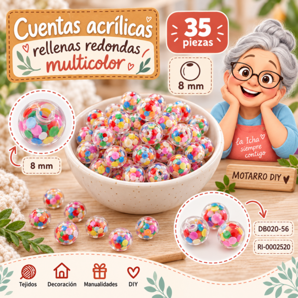 Cuentas acrílicas rellenas redondas multicolor – 35 piezas – 8 mm