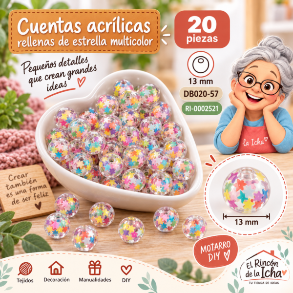 Cuentas acrílicas rellenas de estrella multicolor – 20 piezas – 13 mm