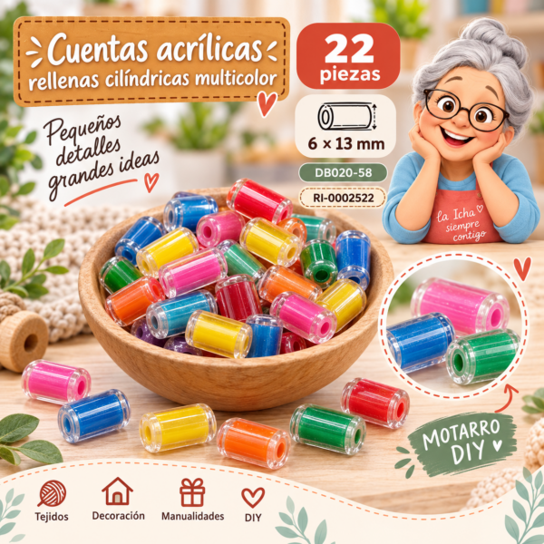 Cuentas acrílicas rellenas cilíndricas multicolor – 22 piezas – 6 × 13 mm