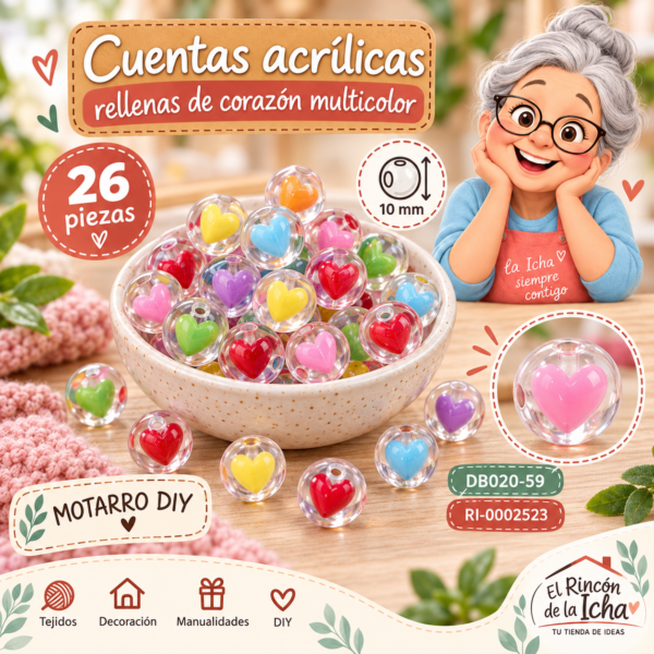 Cuentas acrílicas rellenas de corazón multicolor – 26 piezas – 10 mm