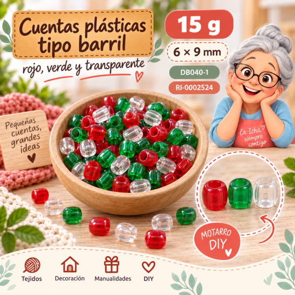 Cuentas plásticas tipo barril rojo, verde y transparente – 6 × 9 mm – 15 g
