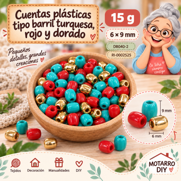 Cuentas plásticas tipo barril turquesa, rojo y dorado – 6 × 9 mm – 15 g