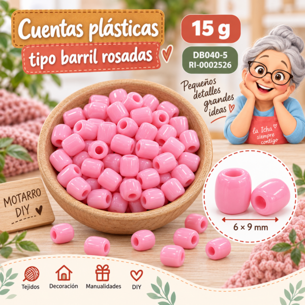 Cuentas plásticas tipo barril rosadas – 6 × 9 mm – 15 g