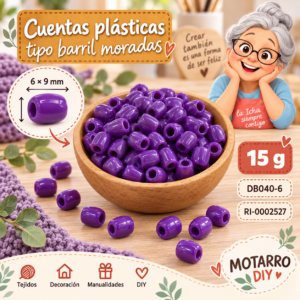ri-0002527-db040-6 Cuentas plásticas tipo barril moradas – 6 × 9 mm – 15 g