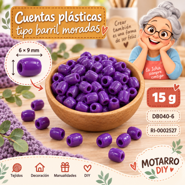Cuentas plásticas tipo barril moradas – 6 × 9 mm – 15 g