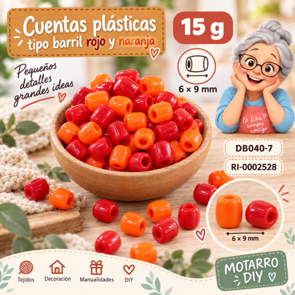 Cuentas plásticas tipo barril rojo y naranja – 6 × 9 mm – 15 g