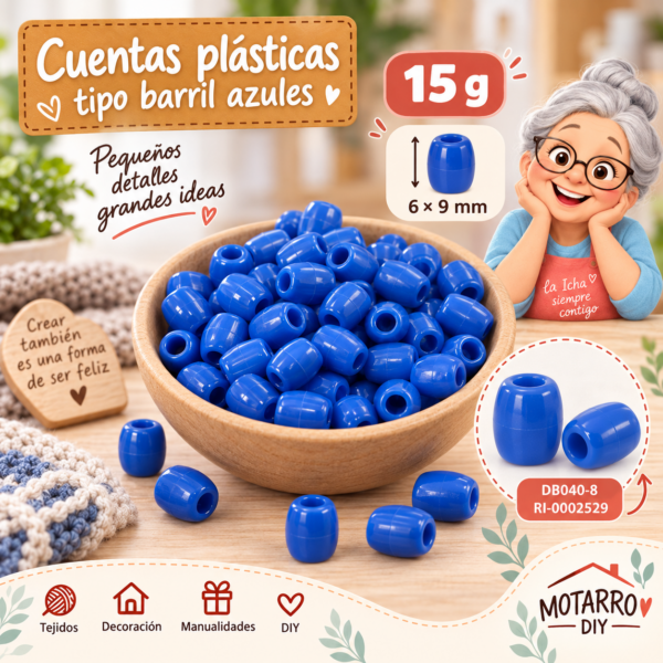 Cuentas plásticas tipo barril azules – 6 × 9 mm – 15 g