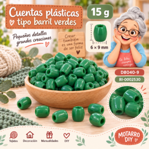 ri-0002530-db040-9 Cuentas plásticas tipo barril verdes – 6 × 9 mm – 15 g