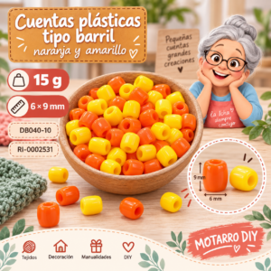 ri-0002531-db040-10 Cuentas plásticas tipo barril naranja y amarillo – 6 × 9 mm – 15 g