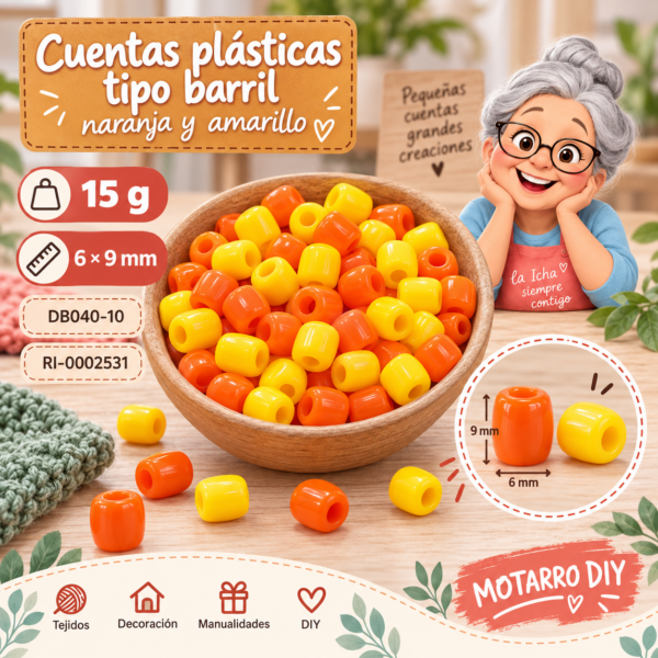 Cuentas plásticas tipo barril naranja y amarillo – 6 × 9 mm – 15 g