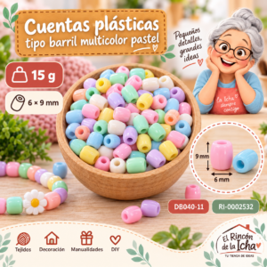 ri-0002532-db040-11 Cuentas plásticas tipo barril multicolor pastel – 6 × 9 mm – 15 g