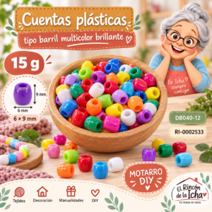 ri-0002533-db040-12 Cuentas plásticas tipo barril multicolor brillante – 6 × 9 mm – 15 g