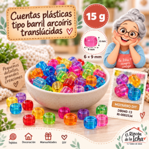 ri-0002534-db040-13 Cuentas plásticas tipo barril arcoíris translúcidas – 6 × 9 mm – 15 g