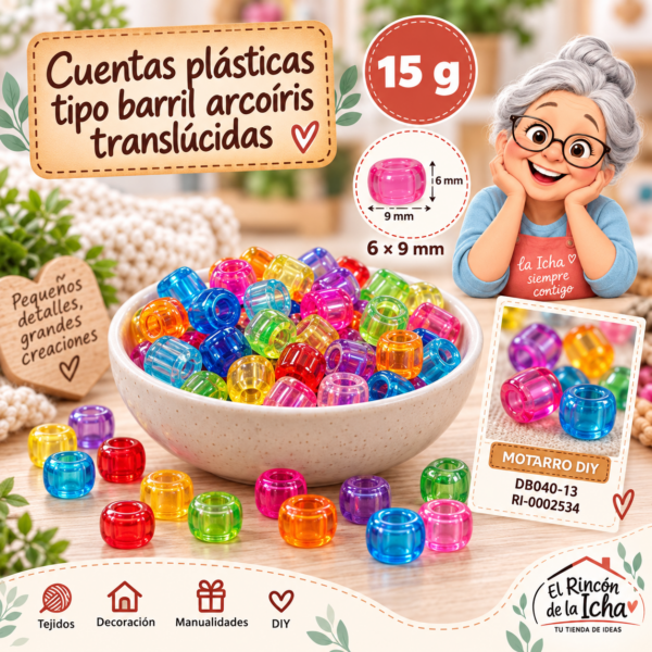 Cuentas plásticas tipo barril arcoíris translúcidas – 6 × 9 mm – 15 g