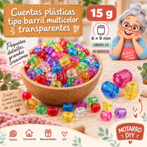 ri-0002535-db040-14 Cuentas plásticas tipo barril multicolor transparentes – 6 × 9 mm – 15 g