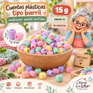 ri-0002536-db040-15 Cuentas plásticas tipo barril multicolor pastel surtidas – 6 × 9 mm – 15 g