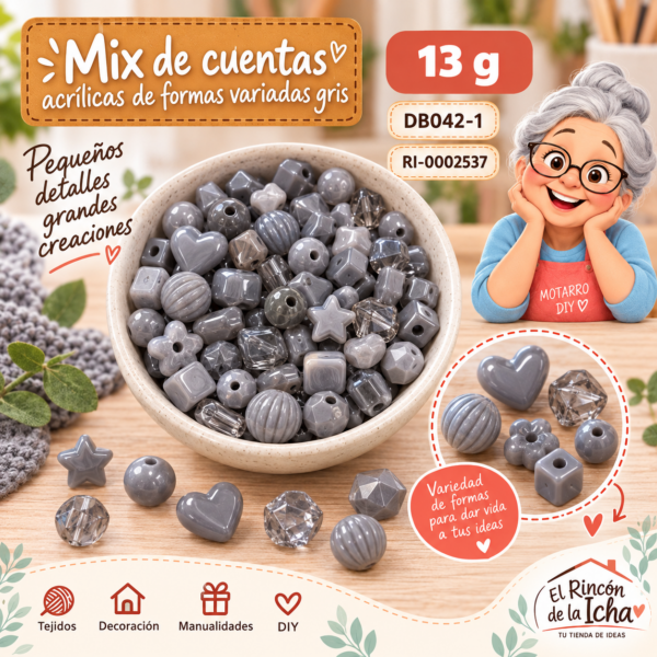 Mix de cuentas acrílicas de formas variadas gris – 13 g