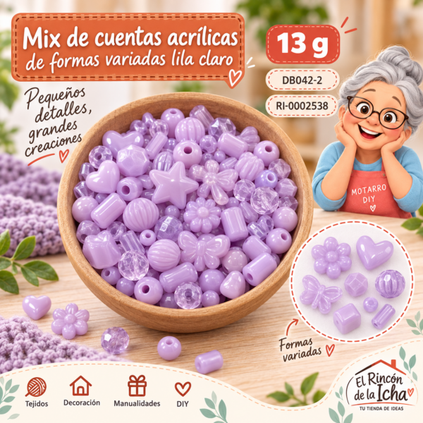 Mix de cuentas acrílicas de formas variadas lila claro – 13 g