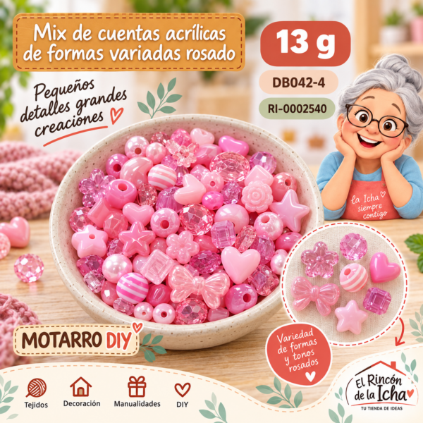 Mix de cuentas acrílicas de formas variadas rosado – 13 g