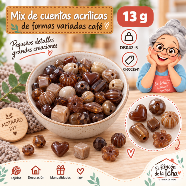 Mix de cuentas acrílicas de formas variadas café – 13 g