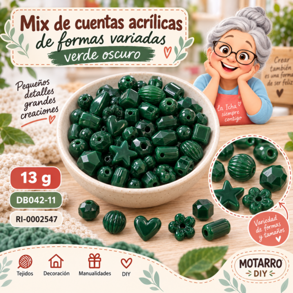 Mix de cuentas acrílicas de formas variadas verde oscuro – 13 g